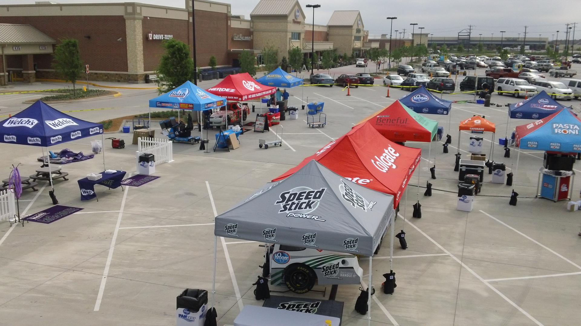 Many red, blue and grey Kroger tents