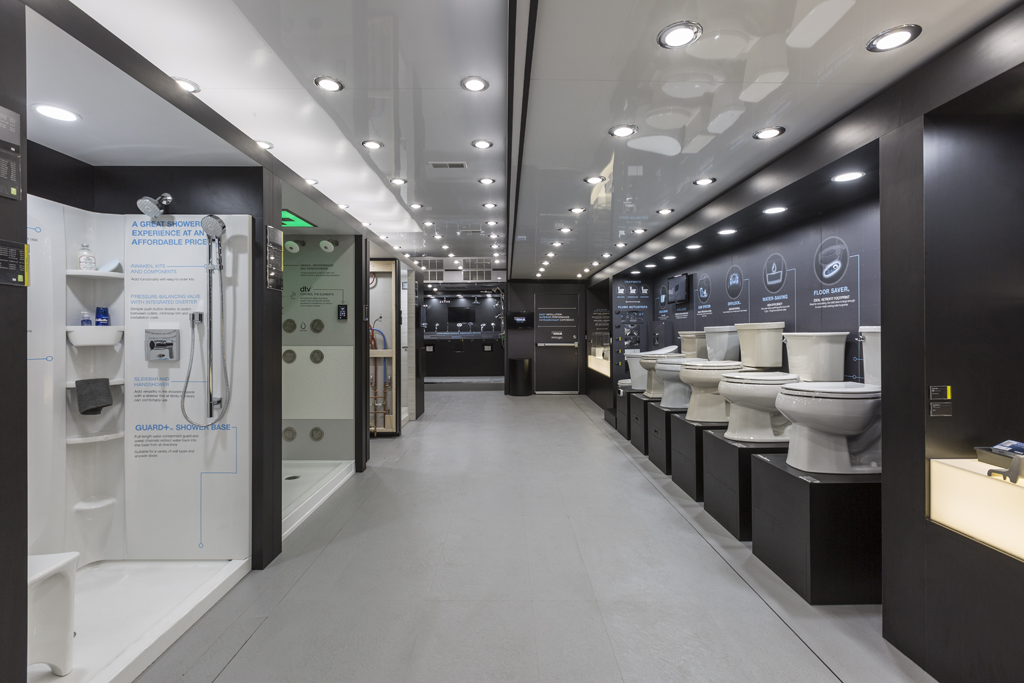 Kohler trailer interior displays of toilet seats and toilet bowls