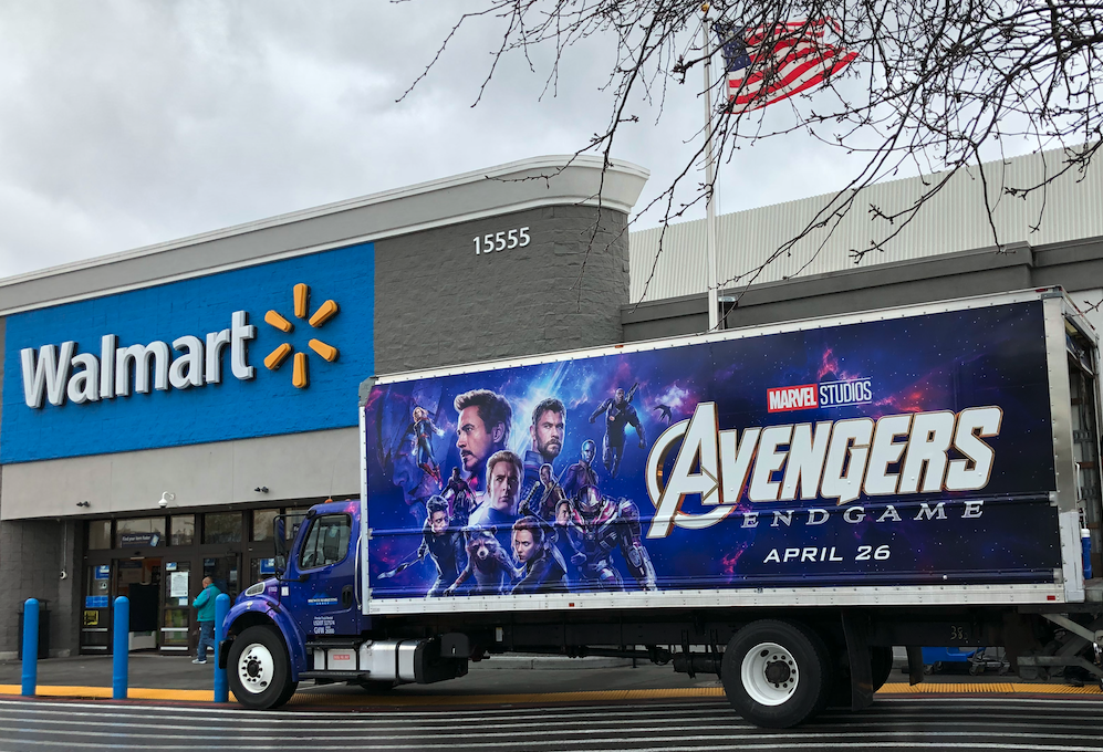Avengers trailer parked in front of Walmart