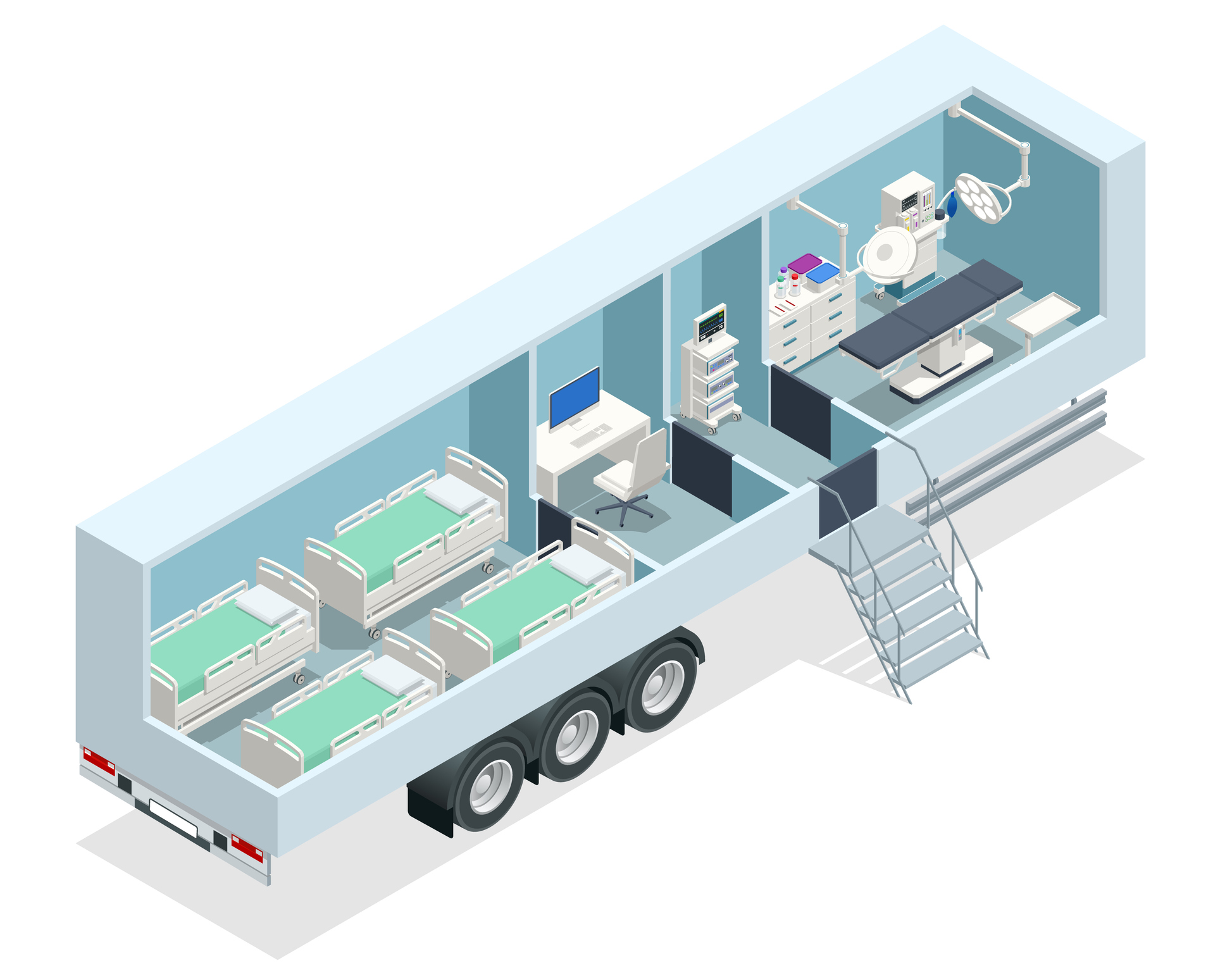 Isometric hospital in the car. Mobile hospital with medical beds, laboratory and operating room