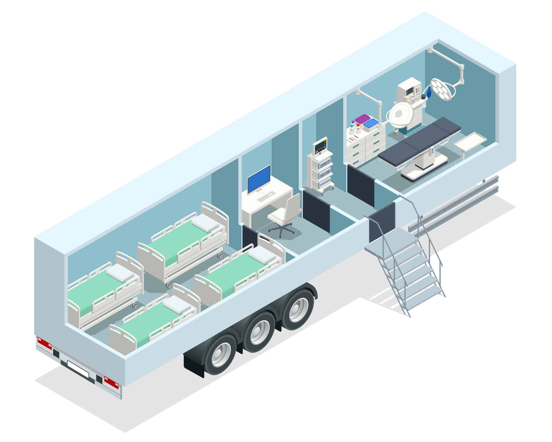 Isometric hospital in the car. Mobile hospital with medical beds, laboratory and operating room. Isometric hospital in the car. Mobile hospital with medical beds, laboratory and operating room