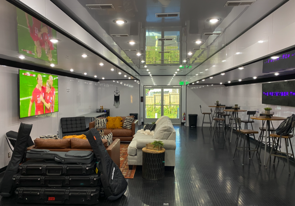 Brewco Hospitality mobile trailer as a lounge space for the Jonas Brothers